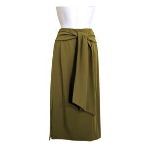 Alice + Olivia Riva Slit Midi Skirt Olive Green Tie Waist Slim Fit Minimalist 2
